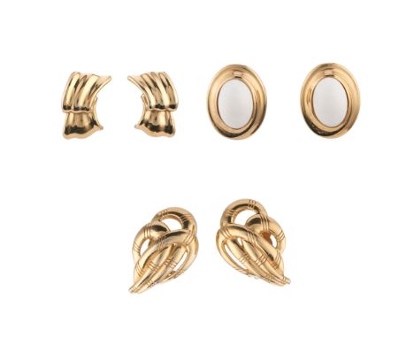Givenchy, three pairs of clip-on earrings, to include one pair of oval outline with white central domes, together with two fa