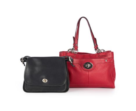 Coach, two leather handbags, to include a red pebbled leather handbag, featuring silver-tone hardware, dual leather top handl