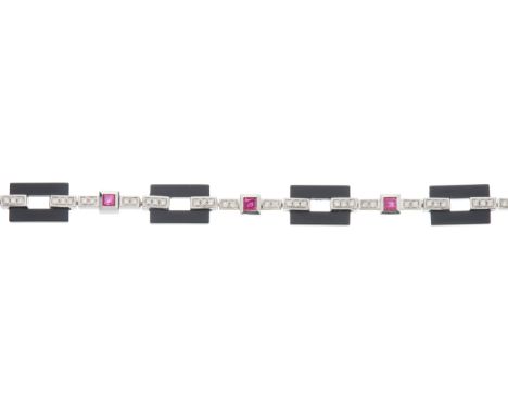 An 18ct gold onyx, square-shape ruby and brilliant-cut diamond bracelet, with partially concealed push-piece clasp, onyx tota