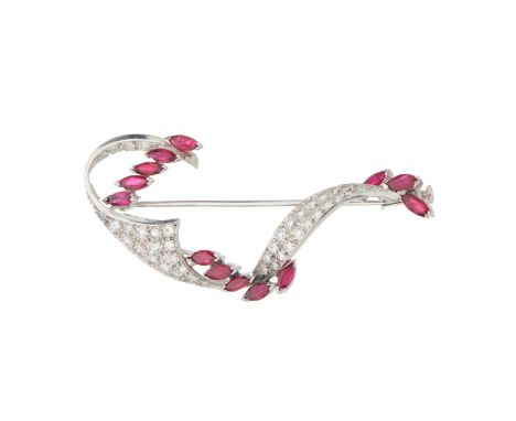 A mid 20th century single-cut diamond and marquise-shape ruby spray brooch, total ruby weight 1.22ct, engraved to mount, esti
