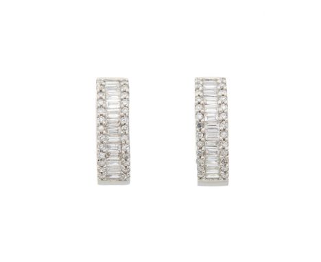 A pair of 14ct gold calibre-cut diamond hinged hoop earrings, with single-cut diamond line border, estimated total diamond we