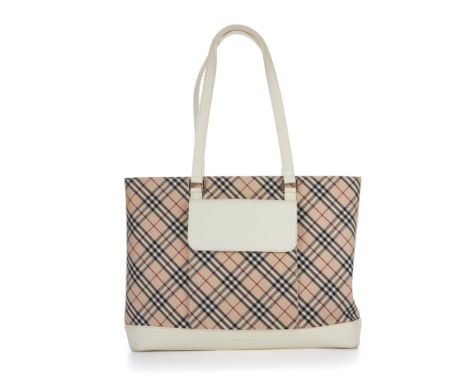 Burberry, a large zip shopping tote, featuring the maker's Nova check canvas exterior with cream leather trim, front patch po