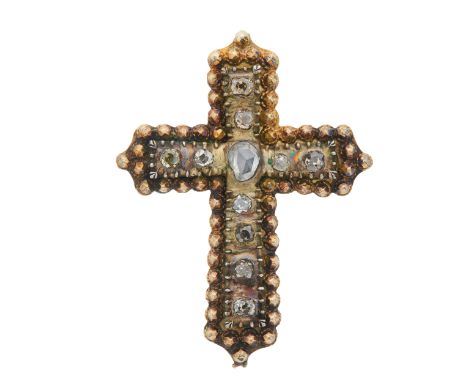 An early to mid 19th century gold, old and rose-cut diamond cross brooch, with faceted beadwork surround, estimated total dia