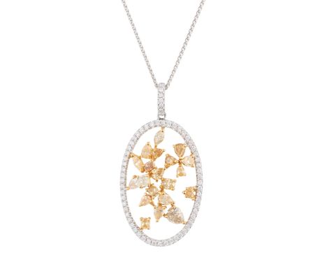 An 18ct gold vari-shape fancy coloured diamond pendant, with brilliant-cut colourless diamond surround and surmount, suspende