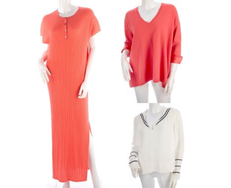 Three items of ladies clothing, to include a pink cashmere V-neck jumper by Pure, a pink cashmere ribbed dress by N.Peal, tog