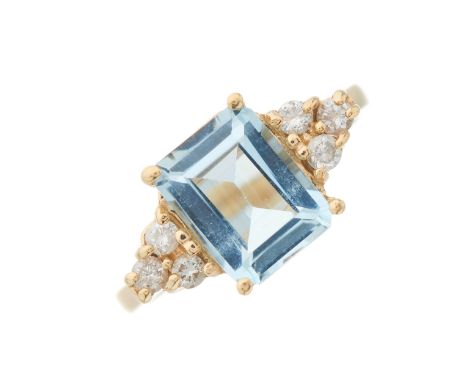 A 14ct gold rectangular-shape aquamarine dress ring, with brilliant-cut diamond trefoil sides and slightly tapered band, aqua