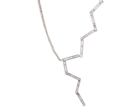 An 18ct gold diamond geometric necklace, designed as a calibre-cut diamond zig-zag line, with similarly-designed and brillian