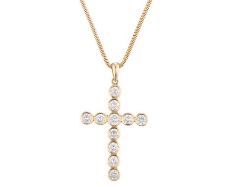 A gold brilliant-cut diamond cross pendant, suspended from an 18ct gold snake-link chain, with 9ct gold lobster clasp, estima