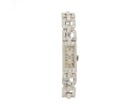 An Art Deco platinum single-cut diamond cocktail watch, scrolling engraved case, unsigned manual wind movement, estimated tot