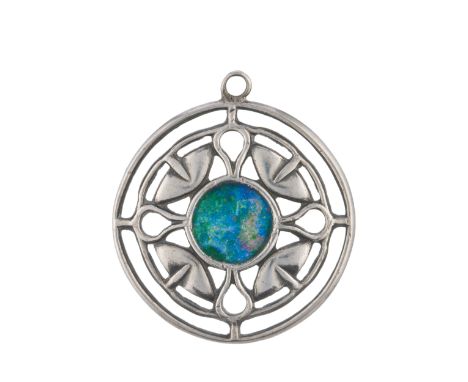 Liberty & Co., an Arts & Crafts silver foliate openwork pendant, with circular-shape polychrome enamel central highlight, mak