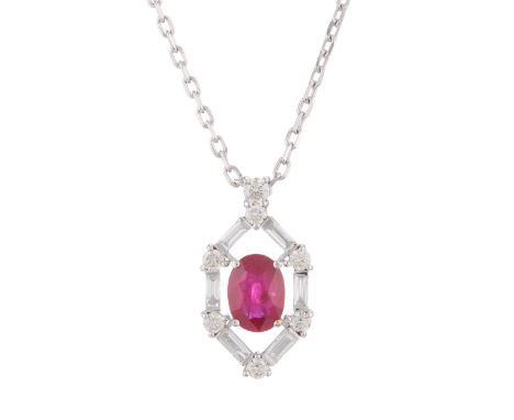 An 18ct gold oval-shape ruby pendant, with vari-cut diamond hexagonal halo and brilliant-cut diamond surmount, suspended from