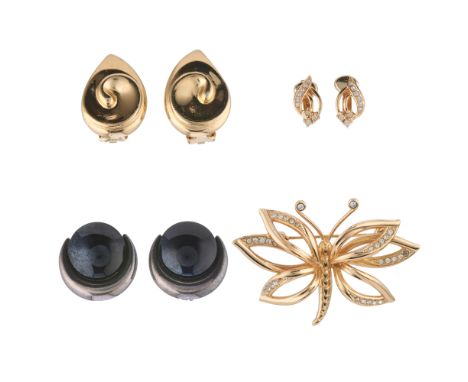 Christian Dior, three pairs of clip-on earrings and a brooch, to include a small gold-tone pair with clear paste embellishmen