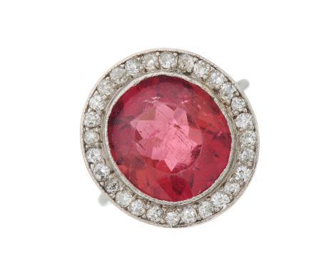 An early to mid 20th century pink tourmaline and old-cut diamond cluster ring, tourmaline estimated weight 4.30ct, estimated 