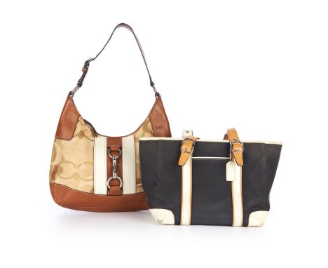Coach, two handbags, to include a hobo handbag, featuring the maker's jacquard monogram canvas exterior, with tan leather tri