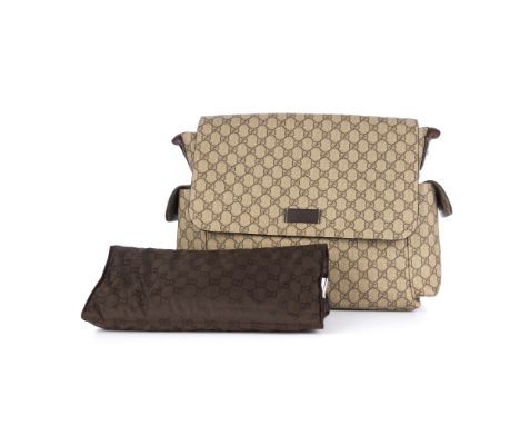 Gucci, a Supreme Baby Changing bag, crafted from monogram coated canvas with brown leather trim, two exterior patch pockets a