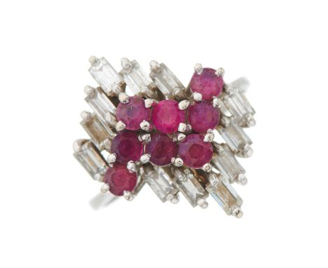 A 1970s 18ct gold circular-shape ruby and rectangular-shape diamond dress ring, estimated total diamond weight 1ct, I-J colou