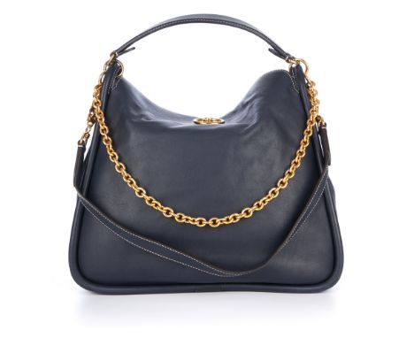 Mulberry, a Leighton handbag, crafted from smooth blue leather with polished gold-tone hardware, featuring a single flat leat