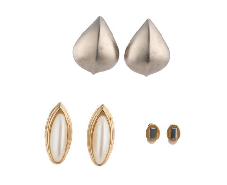 Givenchy, three pairs of clip-on earrings, to include a long oval pair with central imitation pearls and a gold-tone bezel su