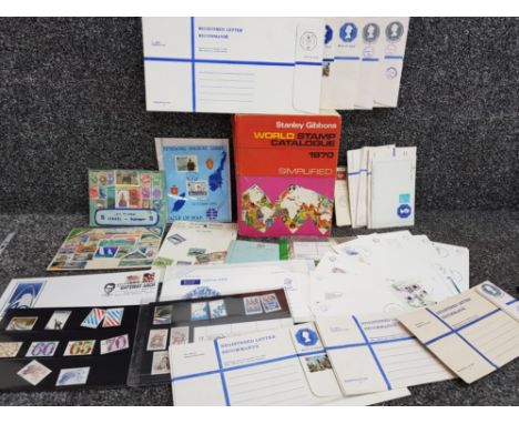 Mixed vintage stamps from around the world, letter cards and Stanley Gibbons World Stamp Catalogue 1970
