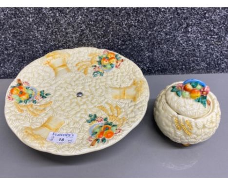 Clarice Cliff Celtic harvest cake plate on stand together with slightly damaged preserve pot