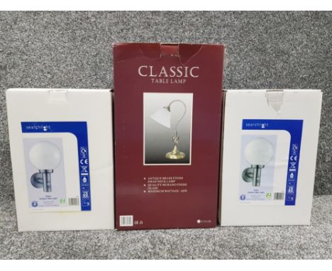 2 modern outdoor wall globe lights together with classic table lamp all still boxed