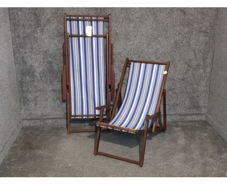 Pair of wooden framed folding garden deck chairs