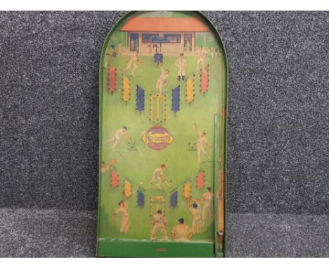 Vintage wooden bagatelle game, Amersham pin cricket, patent No 462473, with 5 game balls