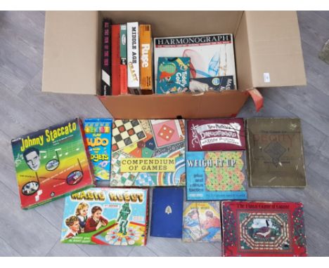 Box of mixed vintage boardgames (18 in total) including Magic Robot &amp; compendium of games