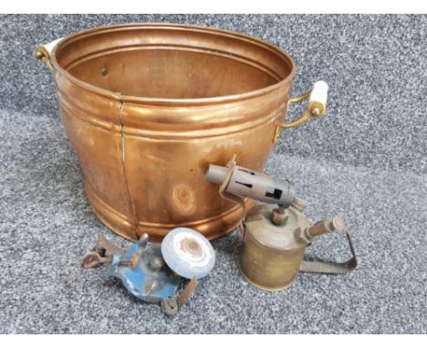 Copper twin handled pot with brass handles together with sweedish Sievert brass blow torche &amp; vintage grinder