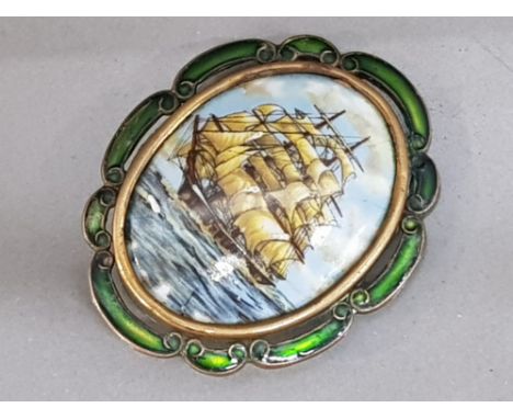 Enamelled &amp; transfer printed vintage brooch, galleon design