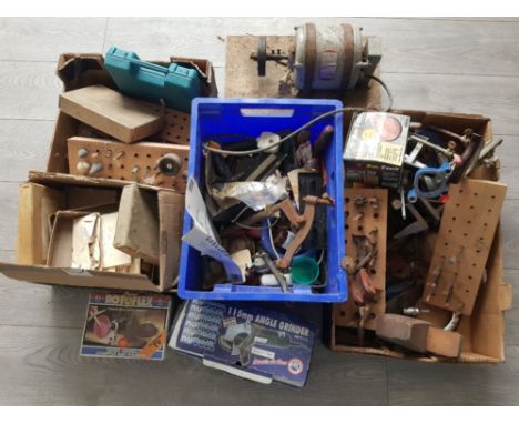 Miscellaneous hand tools and power tools to include clamps drill bits etc in 3 boxes.