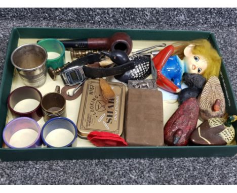 Tray lot of thimble spirit measures , set of papier mache + lacquered birds , pipe etc