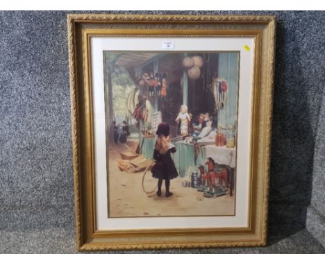 A colour print after Victor Gilbert, girl at a toy stall 59 x 46cm.