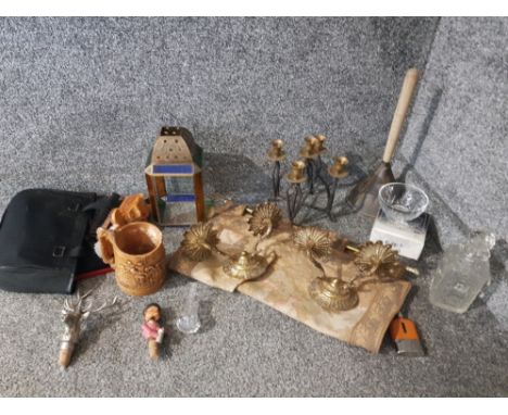 Miscellaneous items to include a vintage plunger, 5 branch candelabra, light fittings etc.