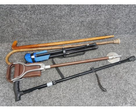 3 walking sticks, 1 carved with shooting stick plus folding seat