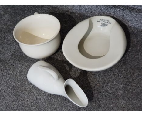Vintage Maling chamber pot together with Cetem ware urinal jug &amp; boots company ceramic bed pan