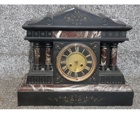 A Victorian slate and marble mantle clock with enamel brass Roman dial 39cm wide 33cm high.