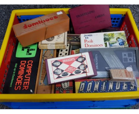 Crate containing a large Quantity of vintage Chess &amp; Draughts game pieces plus a variety of boxed dominoes sets