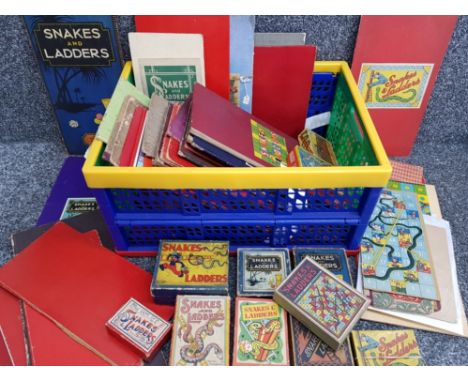 Crate containing a large Quantity of vintage snakes &amp; ladders game boards, includes snakes &amp; ladders boxed accessorie