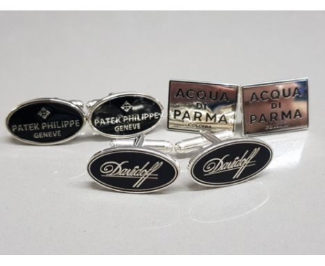 3 pairs of cufflinks in the style of Davidoff, Patek Phillippe geneve &amp; Acqua Di Parma
