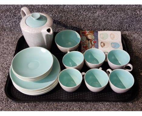 Tray containing 20 pieces of vintage Poole twintone tableware