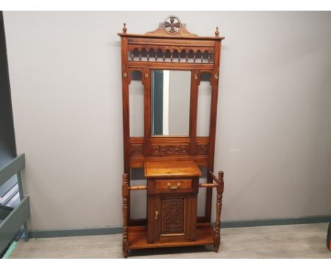 Large carved mahogany Hat, coat &amp; stick hall stand, fitted with single drawer &amp; below cupboard plus large bevelled mi