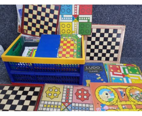Box of vintage gameboards, chess, Ludo etc