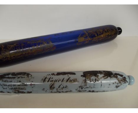 Large Bristol blue glass rolling pin, transfer the great eastern steamship, (rubbed), 67 cm wide