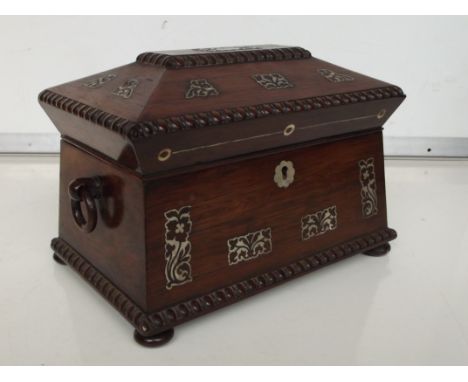 Victorian rosewood tea caddy, sarcophagus form, twin loop handles, bead and reed detail with mother of pearl overlay, carried