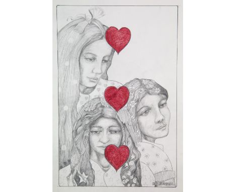 Sean Jefferson (British, b.1957). '3 of Hearts'. Graphite and coloured crayon on paper. Image size: 28.4 x 25.3cm. Sheet size