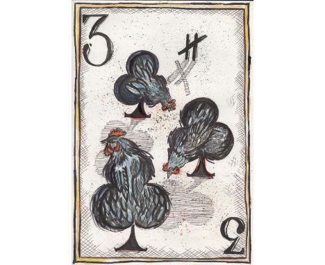 Lou Tonkin (British). '3 of Clubs', paint and ink on paper. Sheet size 29.75 x 20.75cm. Unsigned. I am an artist &amp; Print-