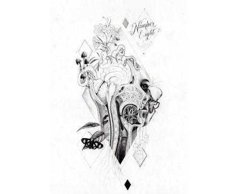 Remy Nurse (British). '8 of Diamonds', pencil and ink. Remy Nurse is a tattoo artist living and working in Truro, Cornwall. H