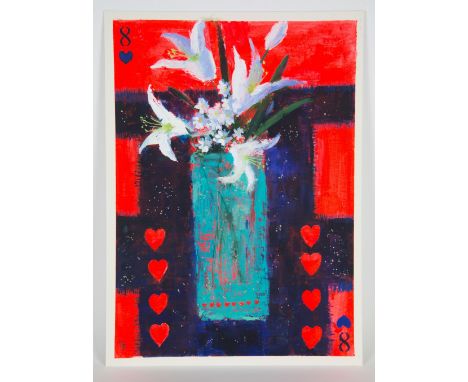 Soraya French (Iranian, b.1957). '8 of Hearts / Lilies on Threadbare Indian Cloth'. Mixed media on card. Signed with intials 