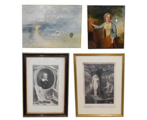 British School (19th century) Portrait of an elegant lady filling a water jug, indistinctly signed and dated 18(65); together